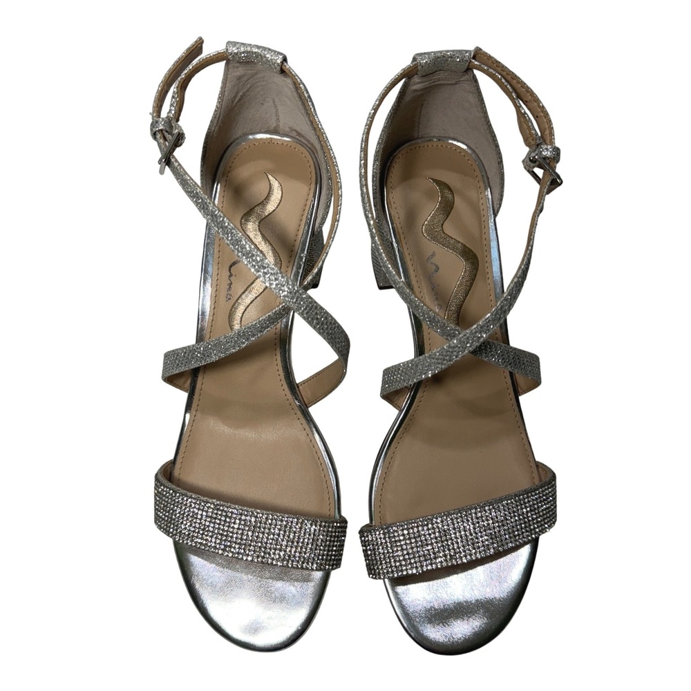 Nina Women's Silver‎ Glitter Block Heel Sandals Sparkle Ankle Strap Shoes 7W - Picture 2 of 6